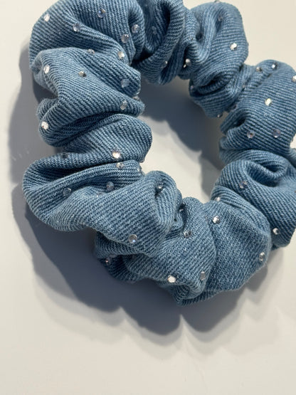 Hårstrikk - Scrunchie - demin med Rhinestone
