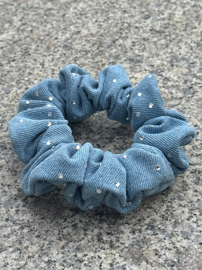 Hårstrikk - Scrunchie - demin med Rhinestone