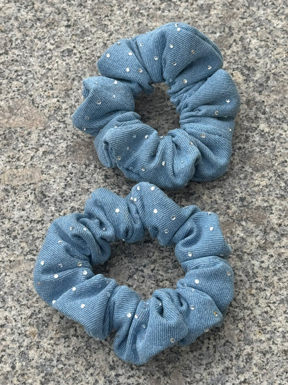 Hårstrikk - Scrunchie - demin med Rhinestone
