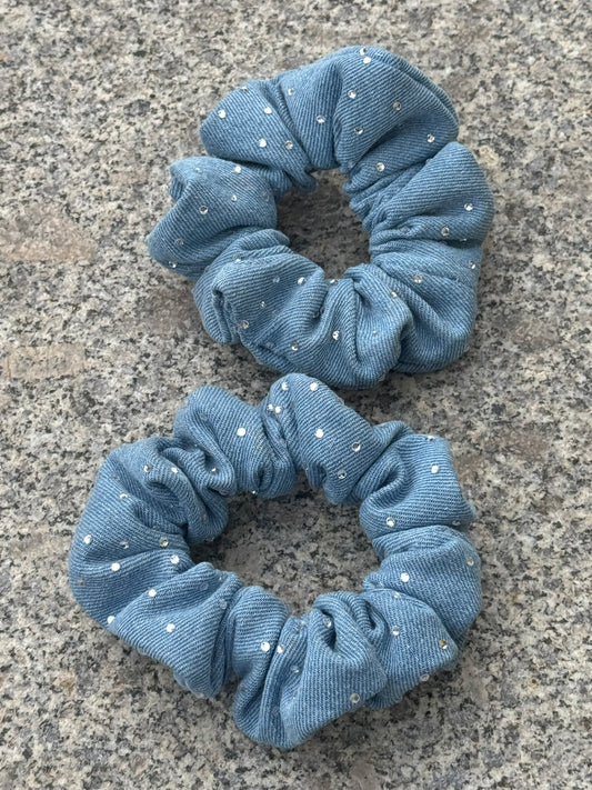 Hårstrikk - Scrunchie - demin med Rhinestone